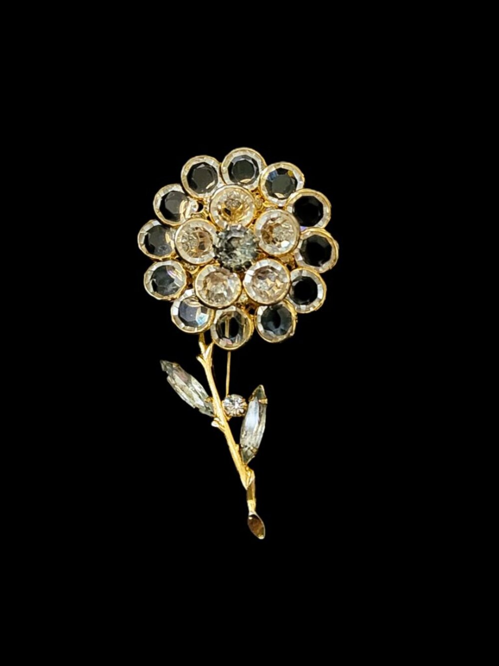 Vtg 60s Layered Crystal Flower Brooch 3 Inch Gold Tone Hand Prong Set Pin Brooch